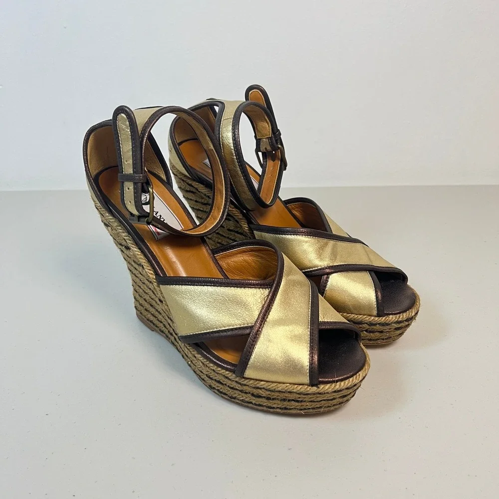 Lanvin Womens Wedge Espadrille Platform‎ Sandal Gold Brown Size 39 8